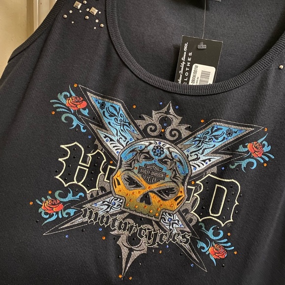 NEW Harley-Davison Tank Top Women Black Studded Skull Roses Print Ribbed Sz 1W - Picture 10 of 10